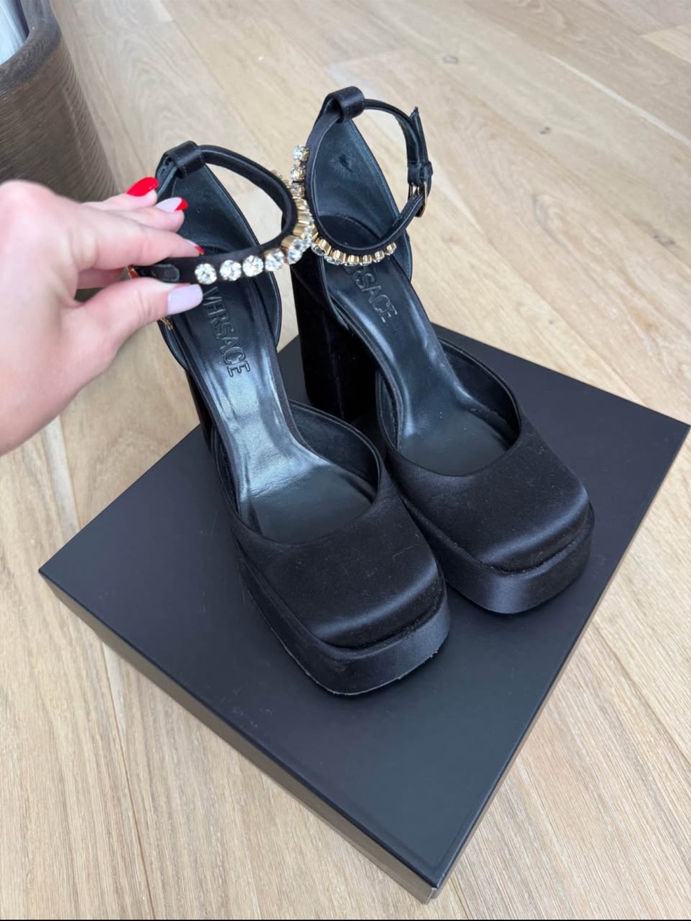 Versace Black Satin Platform Ankle-Strap Heels with Crystal Detail